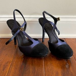 Tory Burch Navy Satin & Black Suede Heels
